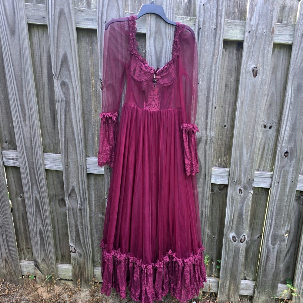 Dolls Kill Widow Goth Dance Death Maxi Dress XL Burgundy Lace Corset Sheer